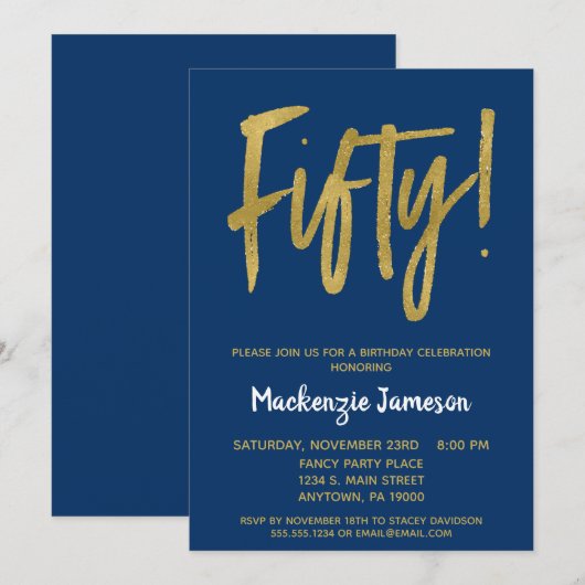 Navy Blue 50th Birthday Party Invitation Gold Kaart (Voorkant / Achterkant)