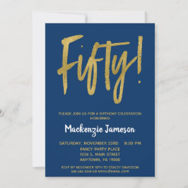 Navy Blue 50th Birthday Party Invitation Gold Kaart