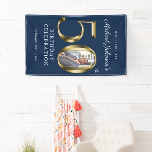 Navy Blue 50th Birthday Solid Gold Custom Photo Spandoek (Insitu)