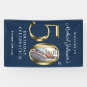 Navy Blue 50th Birthday Solid Gold Custom Photo Spandoek (Horizontaal)