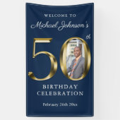 Navy Blue 50th Birthday Solid Gold Custom Photo Spandoek (Verticaal)