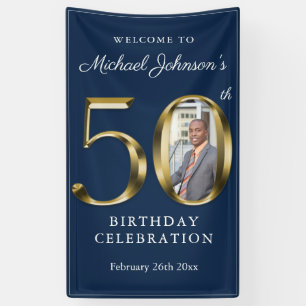 Navy Blue 50th Birthday Solid Gold Custom Photo Spandoek