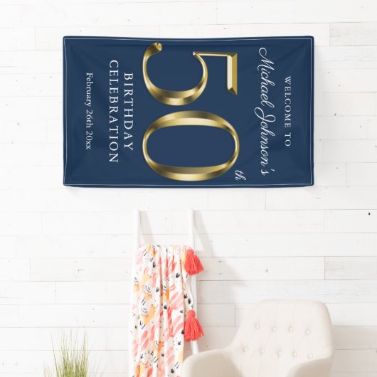 Navy Blue 50th Birthday Solid Gold Typografie Spandoek (Insitu)