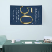 Navy Blue 50th Birthday Solid Gold Typografie Spandoek (Beurs)