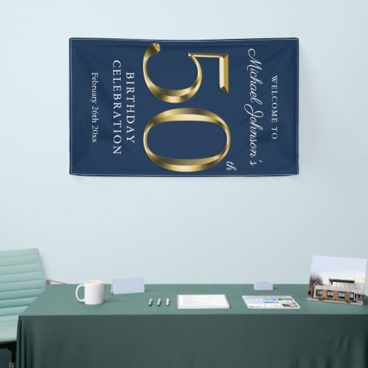Navy Blue 50th Birthday Solid Gold Typografie Spandoek (Beurs)