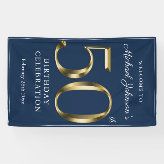 Navy Blue 50th Birthday Solid Gold Typografie Spandoek (Horizontaal)