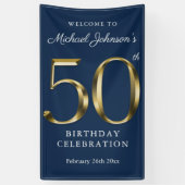 Navy Blue 50th Birthday Solid Gold Typografie Spandoek (Verticaal)