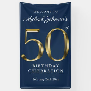 Navy Blue 50th Birthday Solid Gold Typografie Spandoek
