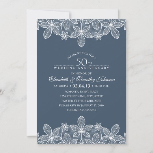 Navy Blue 50th Wedding Jubileum Elegant Lace Kaart (Voorkant)