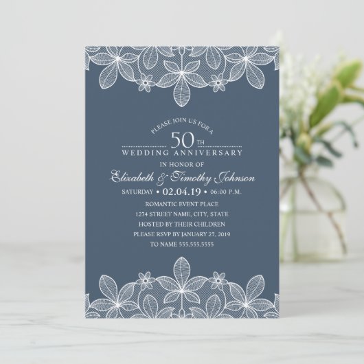 Navy Blue 50th Wedding Jubileum Elegant Lace Kaart (Staand voorkant)
