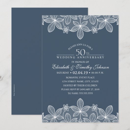 Navy Blue 50th Wedding Jubileum Elegant Lace Kaart (Voorkant / Achterkant)