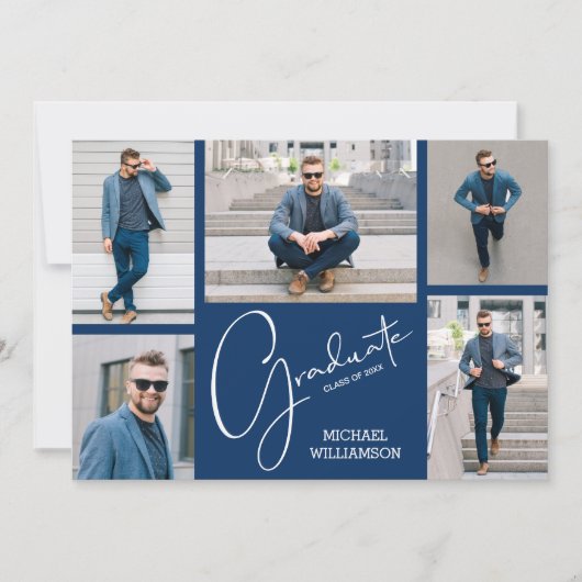 Navy Blue 5 Photo Graduparty Kaart (Voorkant)