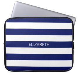 Navy Blue 5c Preppy Horiz Stripe Name Monogram Laptop Sleeve