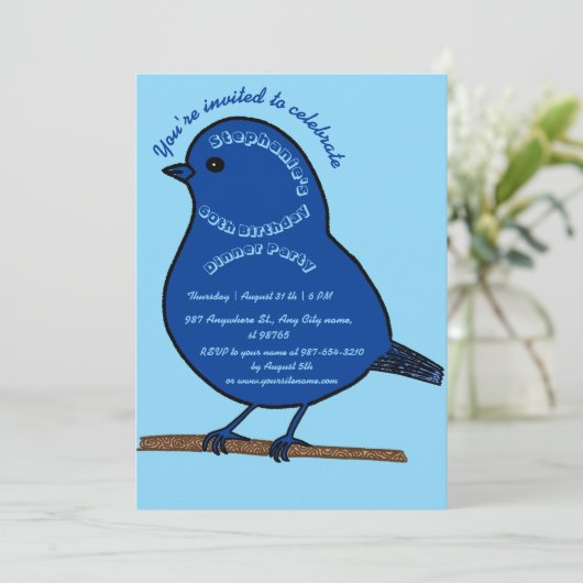 Navy Blue 60e verjaardag Schattigee vogel Dinner P Kaart (Staand voorkant)