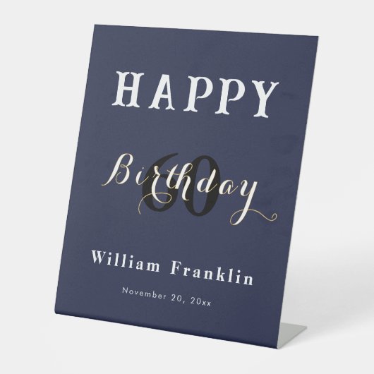 Navy Blue 60ste verjaardag Reclamebord Met Voetstuk (Voorkant)