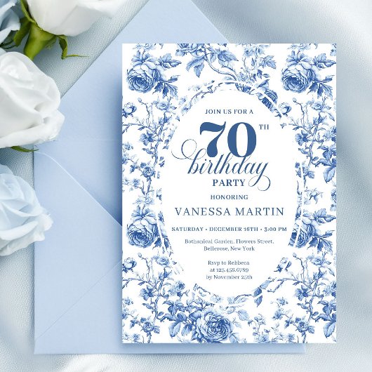 Navy Blue 70th Birthday Classic Floral Invitation Kaart