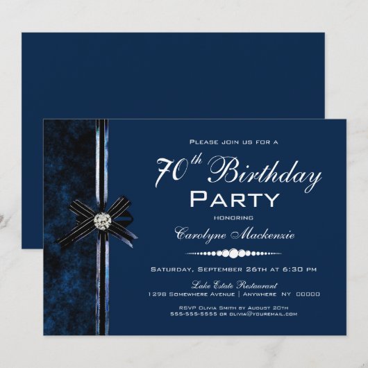 Navy Blue 70th Birthday Party Kaart (Voorkant / Achterkant)