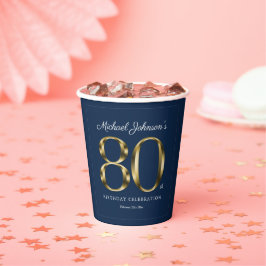 Navy Blue 80th Birthday Solid Gold Text Classic Papieren Bekers