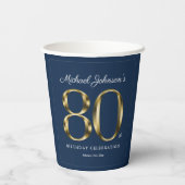 Navy Blue 80th Birthday Solid Gold Text Classic Papieren Bekers (Achterkant)
