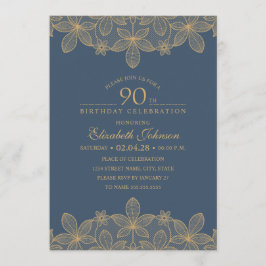 Navy Blue 90th Birthday Party Unique Golden Lace Kaart