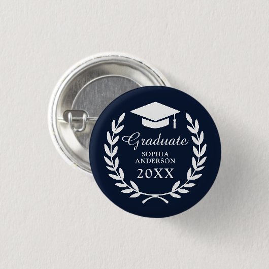 Navy Blue aangepaste naam Laurel krans Afstuderen Ronde Button 3,2 Cm (Voorkant /achterkant)
