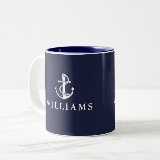 Navy Blue aangepaste naam nautische boot anker Tweekleurige Koffiemok (Voorkant links)