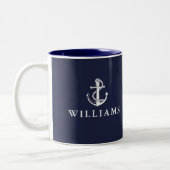 Navy Blue aangepaste naam nautische boot anker Tweekleurige Koffiemok (Links)