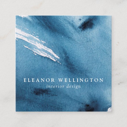 Navy Blue Abstract Waterverf Texture Custom Vierkante Visitekaartje (Voorkant)