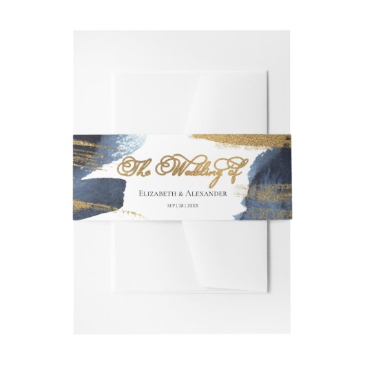 Navy Blue Abstracte Waterverf vergulde bruiloft Uitnodigingen Wikkel (Voorkant Voorbeeld)