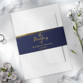 Navy Blue Abstracte Waterverf vergulde bruiloft Uitnodigingen Wikkel