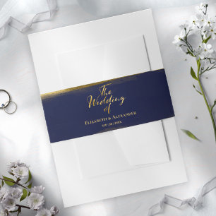 Navy Blue Abstracte Waterverf vergulde bruiloft Uitnodigingen Wikkel