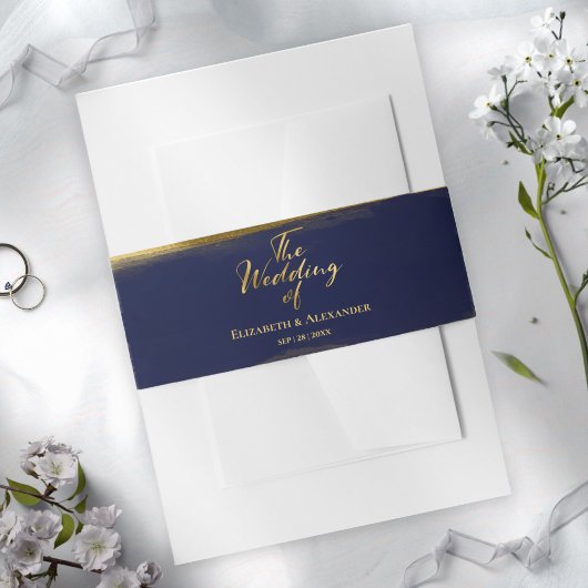Navy Blue Abstracte Waterverf vergulde bruiloft Uitnodigingen Wikkel