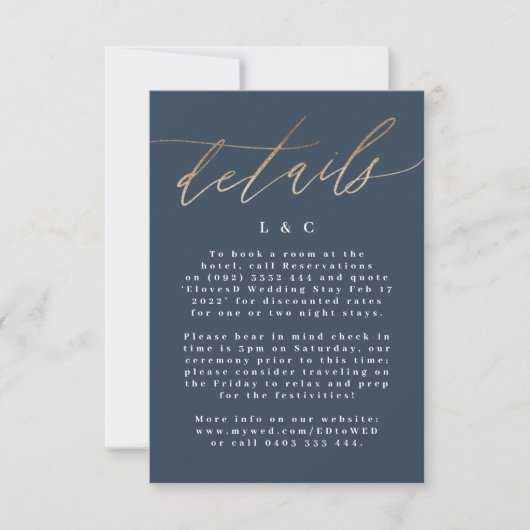 Navy Blue Accommodatie Gold Wedding Details Kaarte RSVP Kaartje (Voorkant)