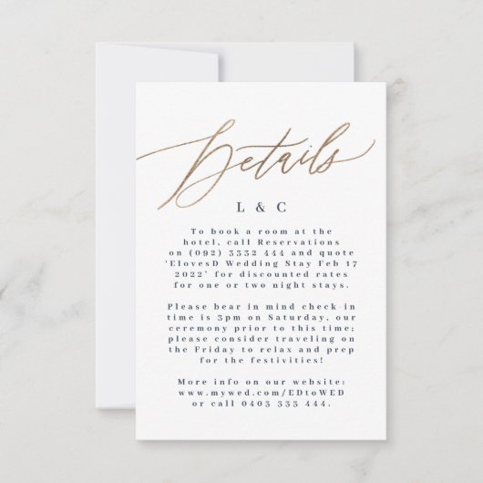 Navy Blue Accommodatie Gold Wedding Details Kaarte RSVP Kaartje (Voorkant)