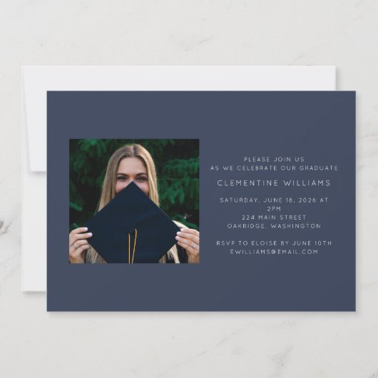 Navy Blue Afstudeerder Block Modern Photo Afstuder Kaart (Achterkant)