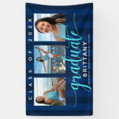 Navy blue afstuderen 3 foto modern glitter script spandoek (Verticaal)