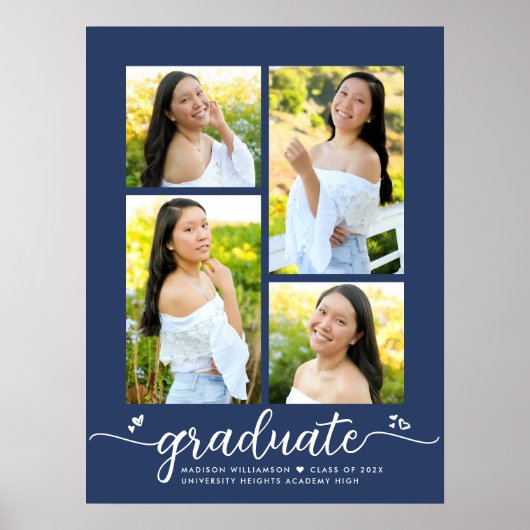 Navy Blue Afstuderen 4 Fotoscript Hearts Girly Poster (Voorkant)