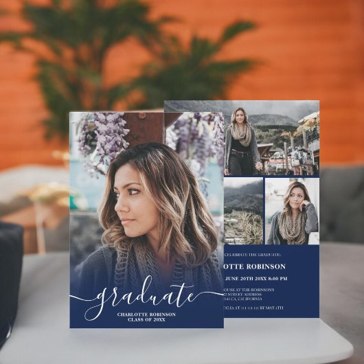 Navy blue afstuderen afstuderen met scriptfoto kaart