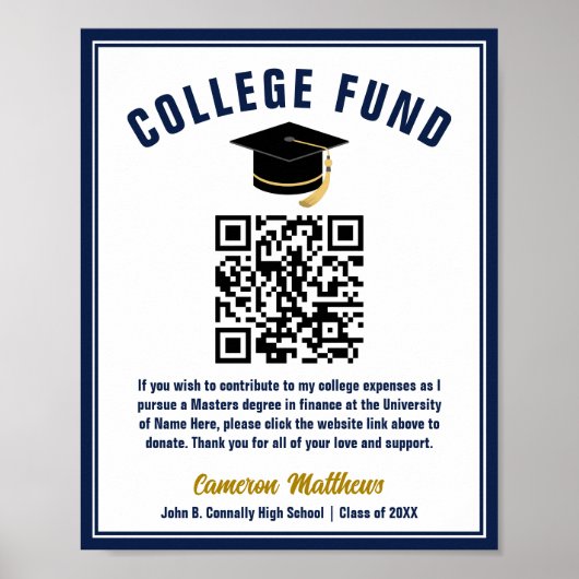 Navy Blue Afstuderen College Fund QR-code Poster (Voorkant)