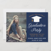 Navy Blue Afstuderen Foto Elegant Graduparty Kaart (Voorkant)