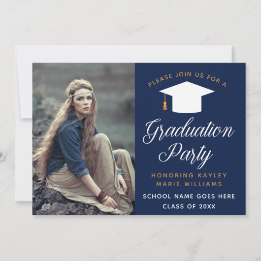 Navy Blue Afstuderen Foto Elegant Graduparty Kaart (Voorkant)