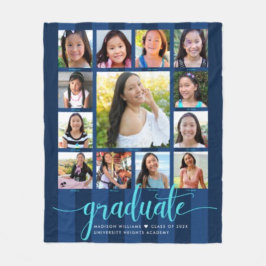 Navy Blue Afstuderen K-12 Photo Collage Script Fleece Deken (Voorkant)