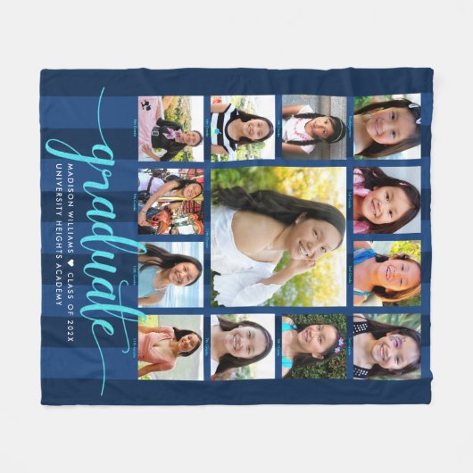 Navy Blue Afstuderen K-12 Photo Collage Script Fleece Deken (Voorkant (Horizontaal))