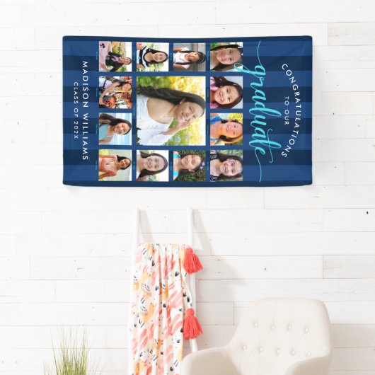 Navy Blue Afstuderen K-12 Photo Collage Script Spandoek (Insitu)