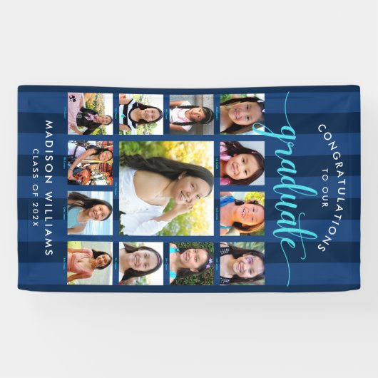 Navy Blue Afstuderen K-12 Photo Collage Script Spandoek (Horizontaal)