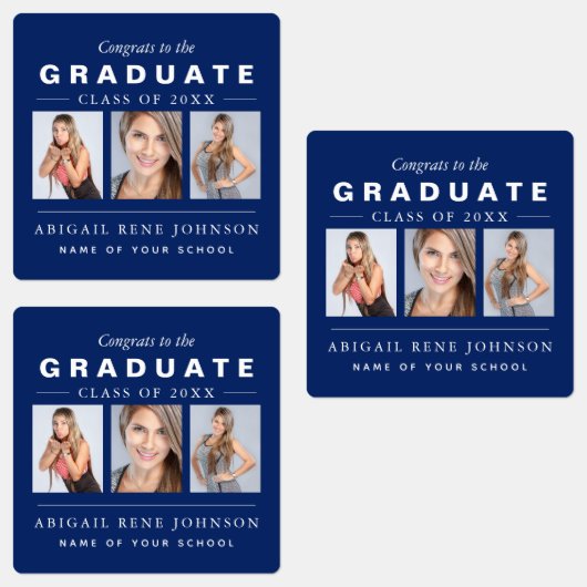 Navy Blue Afstuderen Photo Collage Custom Labels (Groep)