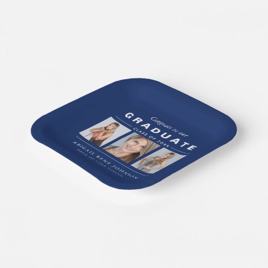 Navy Blue Afstuderen Photo Collage Personalized Papieren Bordje (Gebogen)