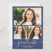 Navy blue afstuderen script 4 foto's afstuderen kaart (Voorkant)
