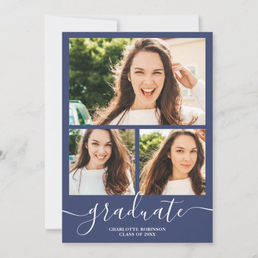 Navy blue afstuderen script 4 foto's afstuderen kaart (Voorkant)