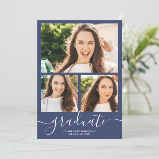 Navy blue afstuderen script 4 foto's afstuderen kaart (Staand voorkant)